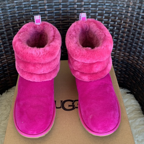 UGG Fluff Mini Quilted 1103612K Boys Fuchsia Pink Suede/Sheepskin Boots - Picture 4 of 16